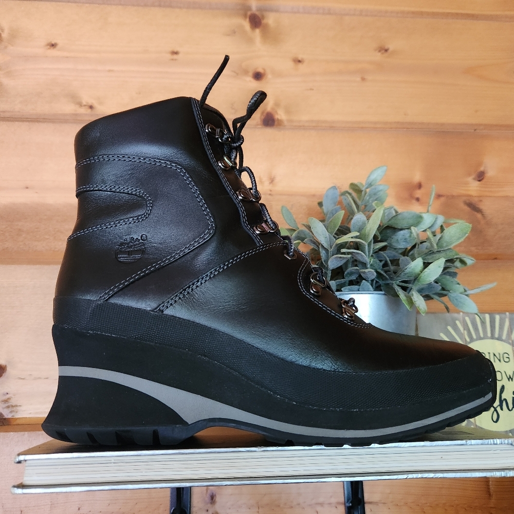 TIMBERLAND 89395 Black Leather Wedge Heel Lace Up Ankle Boots Moto Shoe Sz 8.5 M - Picture 3 of 11
